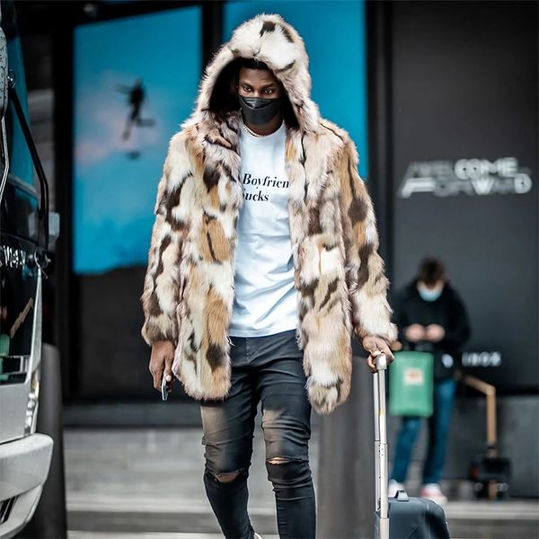 Pele masculina falso inverno casaco leopardo com capuz jaqueta cinza amarelo branco retalhos fofo grosso quente casaco 2023 231114