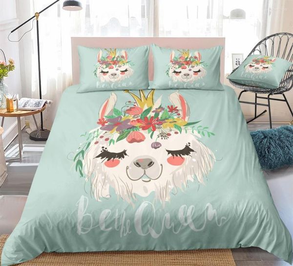 Set di biancheria da letto Cartoon Alpaca Set Kids Girls Crown Copripiumino Fiori Trapunta Floreale Tessili per la casa King Blue 3 pezzi Dropship