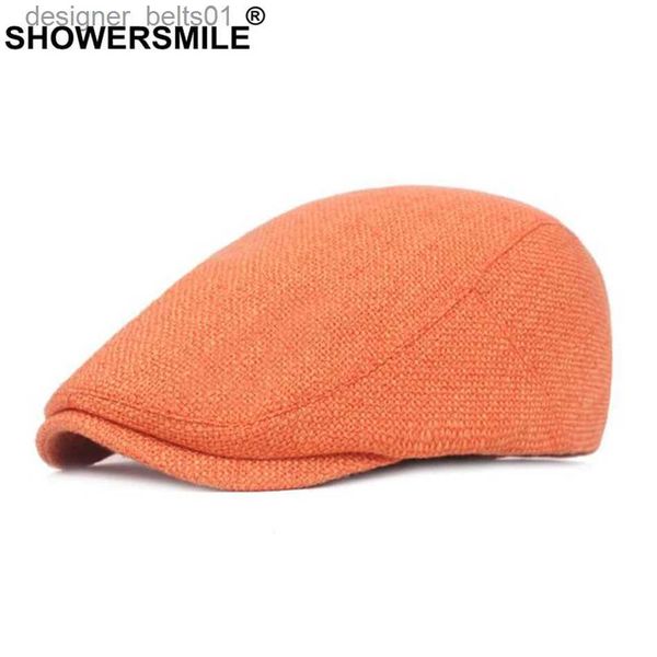 Berets Showersmile Flat Caps para Homens Algodão Linho Duckbill Ivy Cap Mulheres Vintage Sólido Laranja Casual Outono Boina Cabbie Cap UnisexL231115