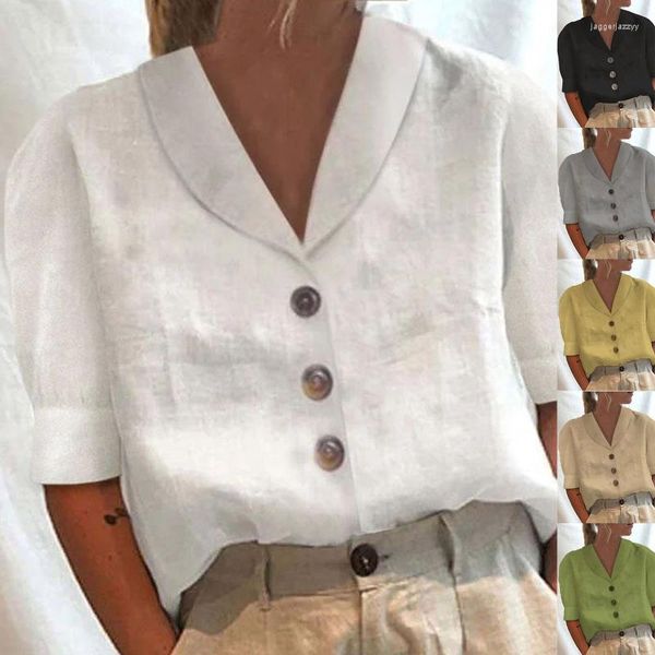 Camicette da donna Top in cotone e lino da donna Camicia autunnale Casual manica lunga Colletto rialzato Bottoni Scollo a V Donna allentata Taglie forti