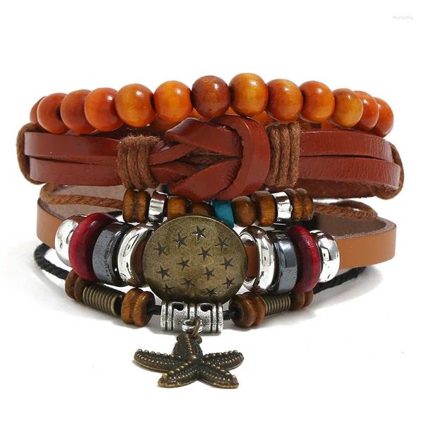 Pulseira na moda contas liga estrela do mar charme feminino pulseiras de couro genuíno estilo punk 3 pçs/set masculino pulseira homme femme jóias masculinas