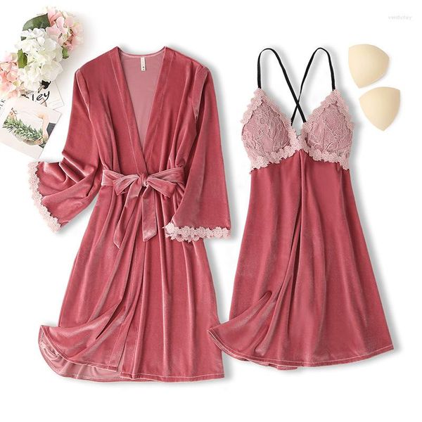 Damen Nachtwäsche Tulin Mode Rosa Velour Frauen Robe Set Spitze Patchwork 2 STÜCKE Sexy Kleid Weibliche Samt NightyRobe Home Clothing