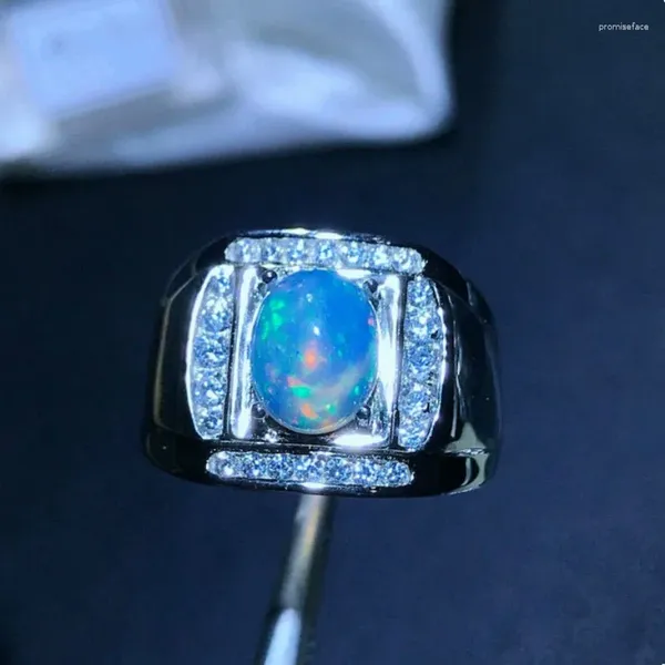 Cluster Ringe Luxus Mann Edelstein Ring für Party 7mm 9mm Natürlicher weißer Opal Schmuck Massiv 925 Silber mit Vergoldung