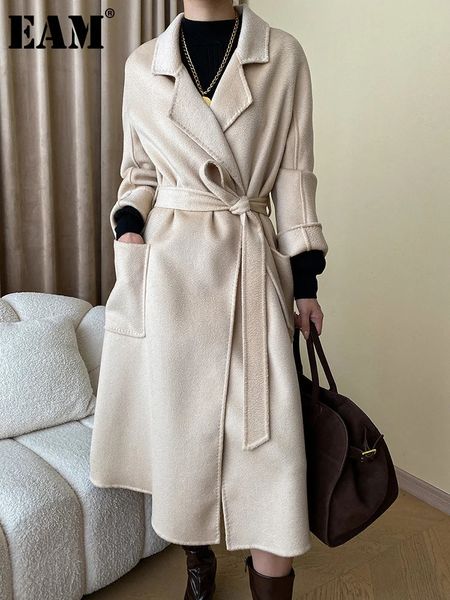 Pelliccia da donna Pelliccia sintetica EAM Cammello Taglia grande Cappotto di lana lungo caldo con cintura Bavero Giacca a maniche lunghe da donna Moda Autunno Inverno 1DH2474 231115