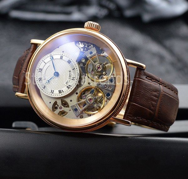 Orologio da uomo meccanico automatico a carica automatica di alta moda quadrante argento cinturino in pelle orologio da polso classico doppio tourbillon design orologio casual 6043