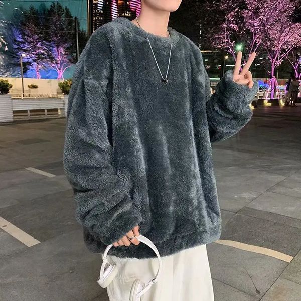Hoodies masculinos moletom cinza homem de pelúcia estilo coreano oversized cor sólida o pescoço quente roupas de inverno solto streetwear para homem 231115