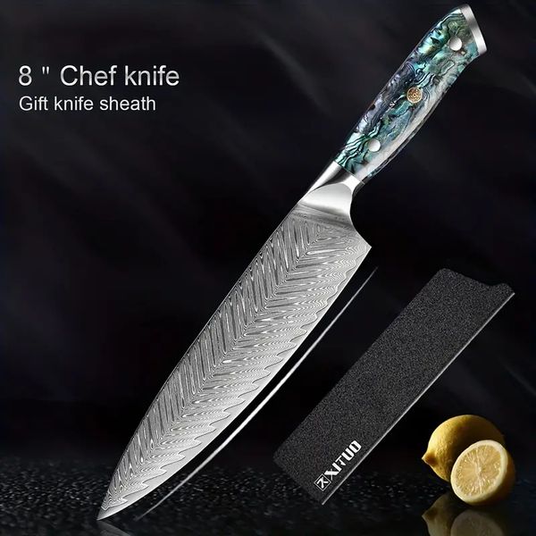 Faca de aço damasco de 67 camadas, faca de chef de 8 polegadas, faca de corte com cabo de concha de abalone VG10, faca de cozinha, 1 peça