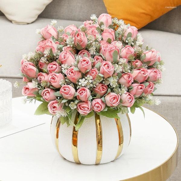 Fiori decorativi Matrimonio Bouquet di rose di seta artificiale Decorazione della casa Soggiorno Simulazione Pianta floreale con bocciolo di rosa arancione rosso