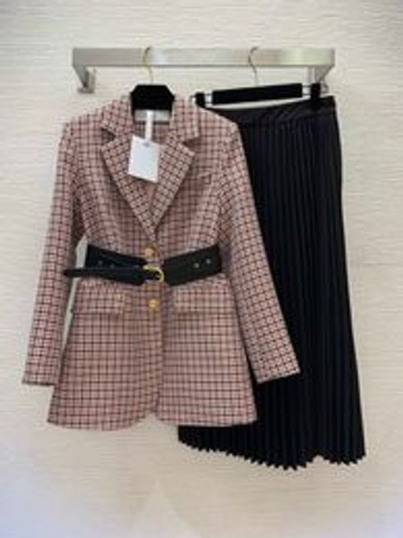 Canal feminino designer roupas outono cáqui houndstooth conjunto de vestido de duas peças manga longa entalhado-lapela bordado blazers topo 344