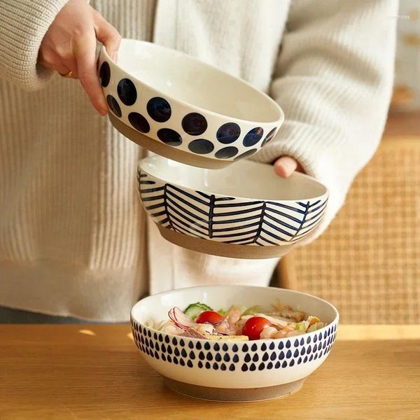 Tigelas 8 polegadas cerâmica grande tigela de ramen vermelho azul ponto sopa salada porcelana japonês macarrão louça