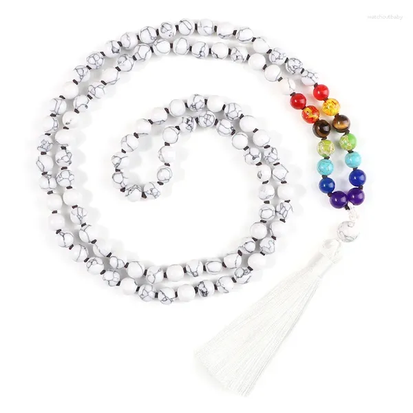 Anhänger Halsketten 7 Chakra 108 Japamala Mala Perlen Halskette 8mm Natürlicher Weißer Howlith Stein Geknotete Quaste Für Frauen Männer Yoga Schmuck