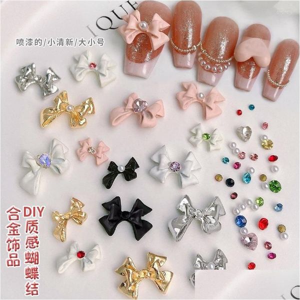 Decorazioni per nail art Decorazioni per nail art 5 pezzi/lotto Mesh Red Enhancement Bow Nodi Ornamenti in lega Pink Love Matte Pearl Strass Sti Dhaos