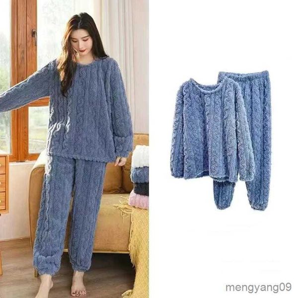 Roupas para casa Conjunto de pijama feminino sólido quente engrossado veludo pulôver outono inverno lã casa terno pelúcia engrossar roupas pijamas de veludo coral R231115