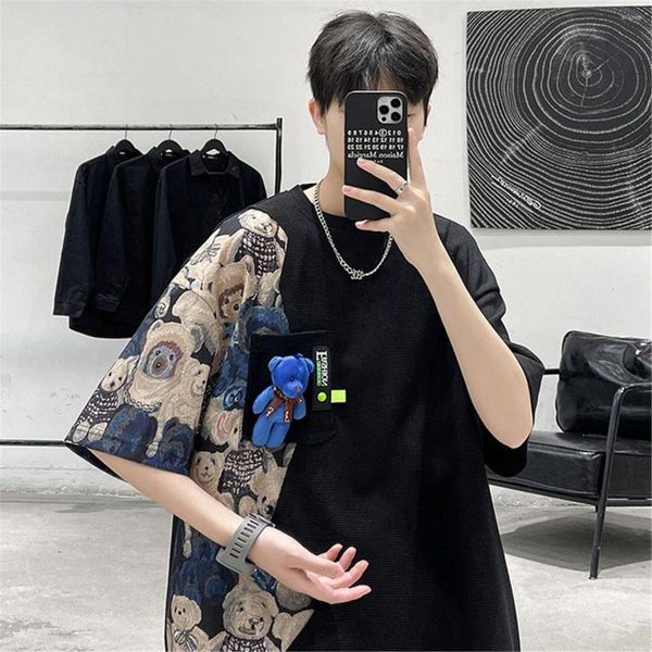 T-shirt da uomo Hip Hop Orso Stampa Camicia Uomo Nero Allentato Harajuku T-shirt Ragazzi Casual Summer Punk Tshirt Streetwear Cool Top stile coreano