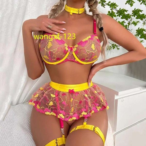 Conjunto de lingerie feminina sexy renda malha floral coração bordado underwire liga conjunto lingerie sexy traje para mulher lingerie