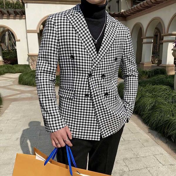 Giacche da uomo 2023 Plaid ultimo disegno Cappotto da uomo Abiti doppio petto Giacca slim fit Blazer / Business formale Come Homme Set S-3XLL231115