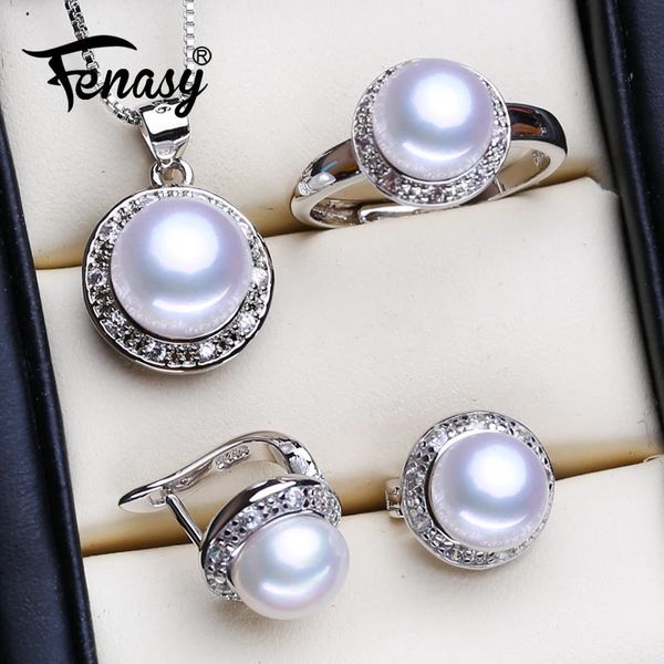 Set di gioielli da sposa FENASY Collana con ciondolo in argento sterling 925 Set di gioielli con perle naturali per le donne Orecchini classici Anelli per feste di moda 231115