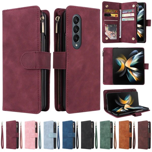 Wallet Zipper Leather Wrist Strap Phone Case For Samsung Galaxy Z Fold 4 3 Fold3 Fold4 Magnetic Flip Multi Card Slots Shockproof Cover