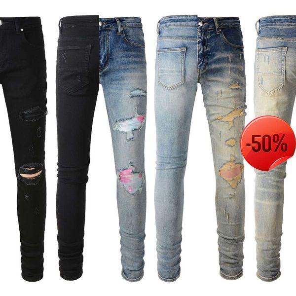 Фиолетовые брендовые джинсы скидка 50 ~ мужские джинсы новые дизайнерские мужские джинсы в стиле хип-хоп модные моющиеся на молнии с буквами ретро-дизайн мотоциклетные тонкие размеры 28-40.
