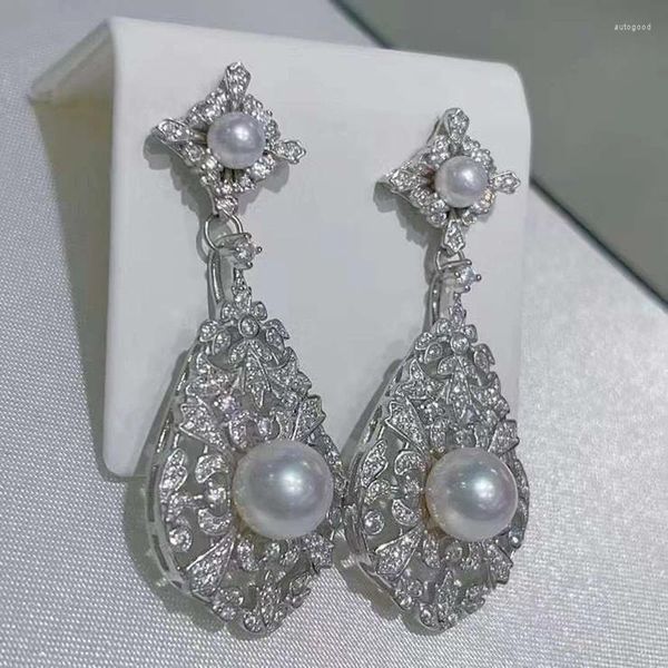 Brincos pendurados SGARIT Moda S925 prata incrustada brinco de diamante joias finas pingente de pérola branca de água doce natural