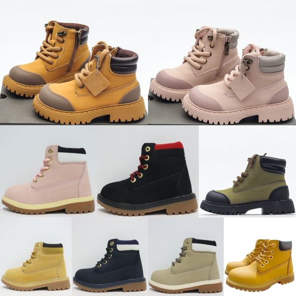 Kids Botin Boots Big Boys meninos Sapatos 6 clássicos de camada de couro alta Criança infantil Booties jovens tênis de trigo preto rosa