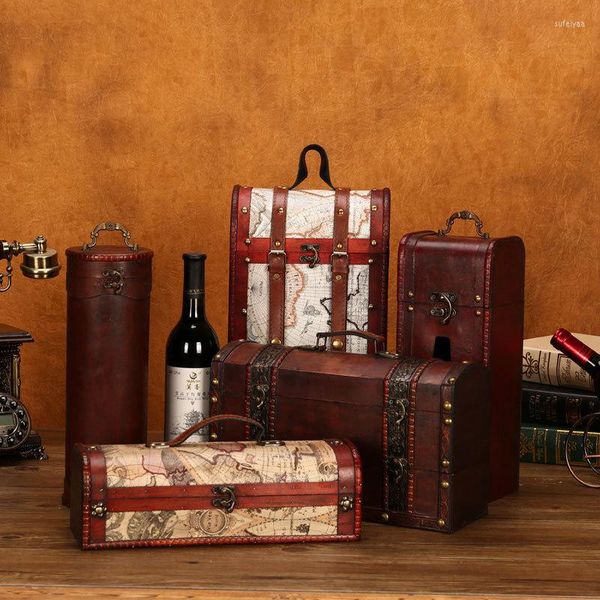 Confezione regalo Scatola singola arcaica vintage per vino rosso, confezione retrò portatile in legno rotondo con manico