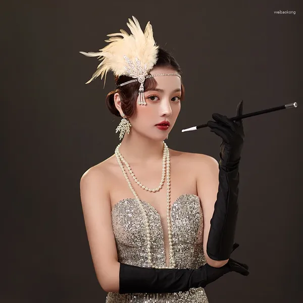 Haarspangen Damen Kopfbedeckung Feder Flapper Stirnband Glänzend Great Gatsby Kopfschmuck Halskette Handschuh Vintage Abschlussball Mode Getsbi Sets