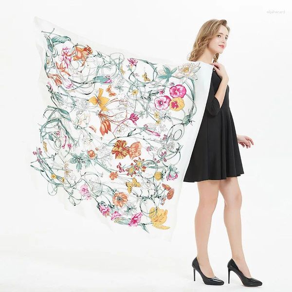 Lenços design floral grande lenço quadrado 130cm sarja seda xale mulheres lenço para senhora moda echarpe
