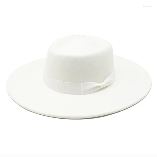 Berets Fedora Bow Hat Wide Brim Flat Top Panama Felt Fedoras For Women Artificial Wool Blend Jazz Cap Trilby Hats