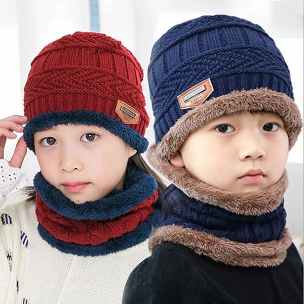 Berretti Cappelli Bambini Beanie invernale Cappello Sciarpa Set Cappello foderato in pile Sciarpa di lana Caldo lavorato a maglia Cappello spesso per ragazzi e ragazze Cappello Sciarpa Set 231115