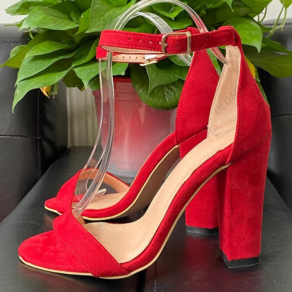 Olomm Sandali con cinturino alla caviglia fatti a mano da donna Tacco largo in finta pelle scamosciata Punta aperta Splendido rosso bordeaux Scarpe casual blu Taglia 35 47 52