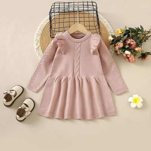 Vestidos da menina do bebê camisola vestido de malha moda babados chirldren saia manga longa outono infantil criança roupas cor rosa 4-7y playsuit