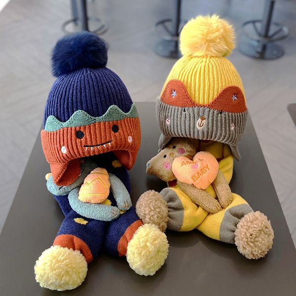 Set di sciarpe per cappelli per bambini Cappello di protezione per le orecchie di dinosauro caldo addensato per bambini per bambini, ragazzi e ragazze, autunno e inverno