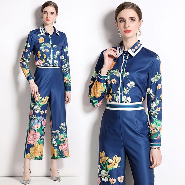 Set da due pezzi da donna Designer Floral Party Set di pantaloni blu 2023 Primavera Autunno Manica lunga Bavero con stampa Camicia e pantaloni a gamba larga Abiti da vacanza Abito da donna per ufficio