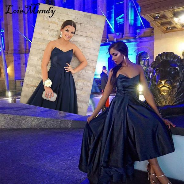 Платья для вечеринок Hi-Low Style Short Prom для женщин Элегантные атласные темно-синие вечерние платья плюс размер Веспидо де Фиеста Бода