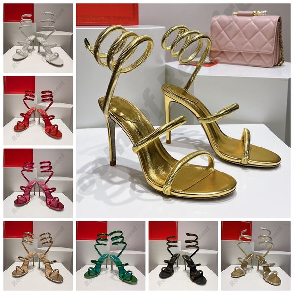 Metal Sandallar Cleo Kristal Çok Renkli Yılan Twining Sandal Sandalet Stiletto Yüksek Topuk Rene Caovilla Altın Rhinestone Elbise Ayakkabı Gümüş Taban Kadın Yaz Pompaları