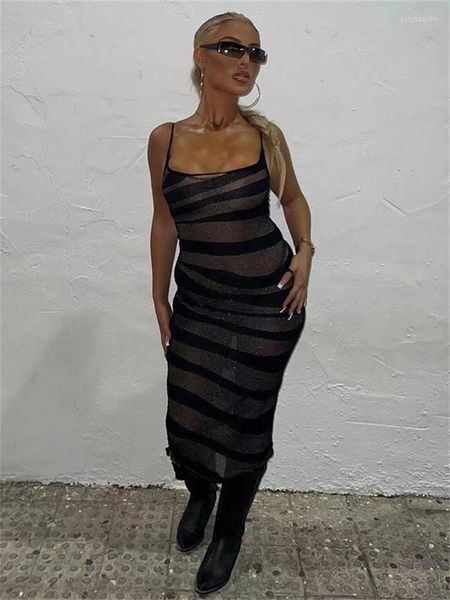 Abiti casual Habbris Summer Sexy Black Camis Stripped Print Bodycon Maxi Club Outfit per le donne 2023 Backless Party Long Dress Female