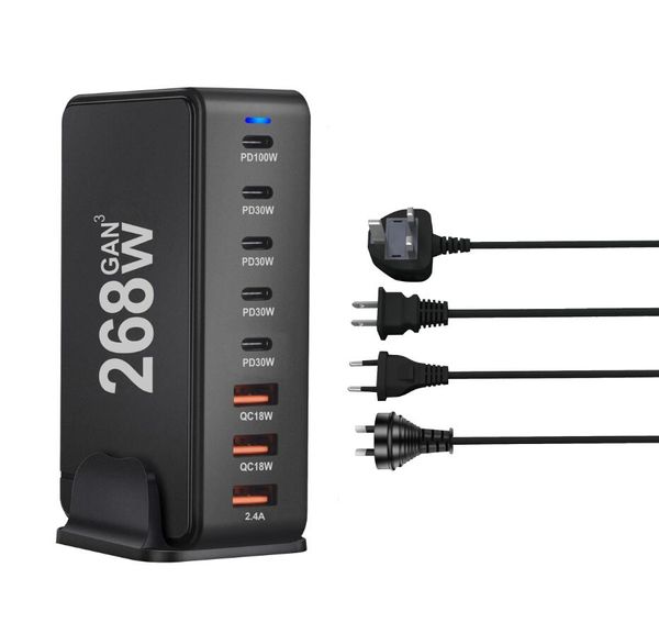 Caricatore GaN da 268 W 240 W USB C A Stazione di ricarica QC3.0 per più dispositivi Caricatore universale per telefono da tavolo per viaggi Nero bianco