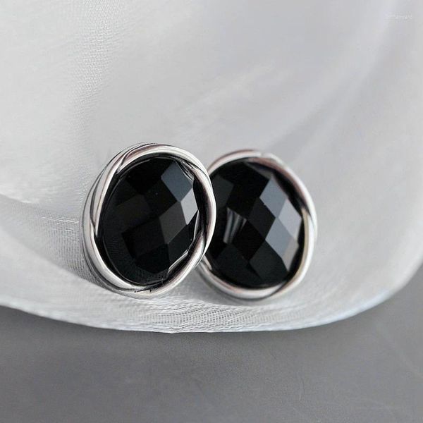 Stud Küpe Authentic 925 STERLING Silver Lady Retro Tarz Cazibesi Kakma Siyah Agate Oval Earstuds Kısa Modaya Mühendik Hediye