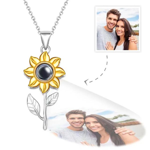 Anhänger Halsketten Personalisierte Po Projektion Frauen Halskette Gold Blütenblatt Sonnenblume Blume Anhänger Angepasst Po Schmuck Luxus Design Geschenke 231115