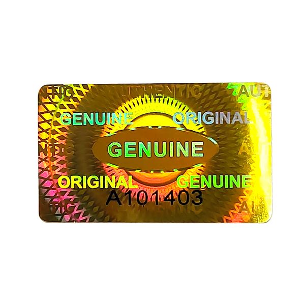 1000 peças 25x15mm holograma dourado genuíno, selo de segurança original, à prova de violação, remoção de número serial, adesivo de impressão a laser