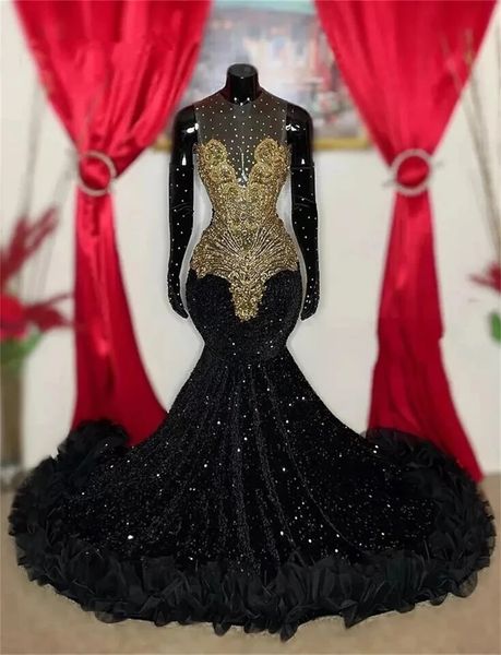 Black Veet Sequin Gold Rainstones Prom с перчатками африканские специальные вечерние платья OCN см. Thru Tail Party Plares