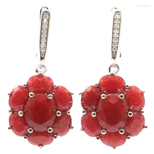 Orecchini pendenti 38x17mm Set di gioielli SheCrown Splendido vero rosso rubino bianco CZ da donna in argento pregiato da indossare ogni giorno