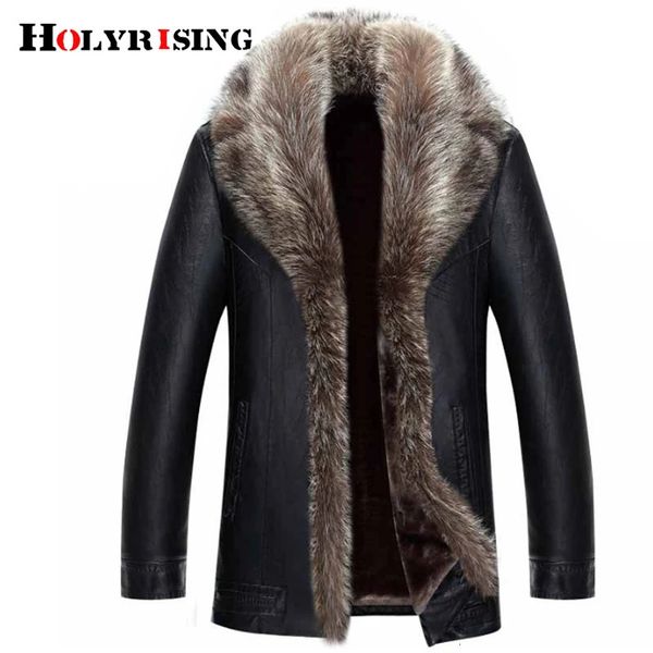 Giacche da uomo M-5XL Holyrising Collo in vera pelliccia di procione Uomo Giacche in ecopelle Inverno Addensare Cappotto jaqueta de couro chaqueta Uomo PU Pelle 231115