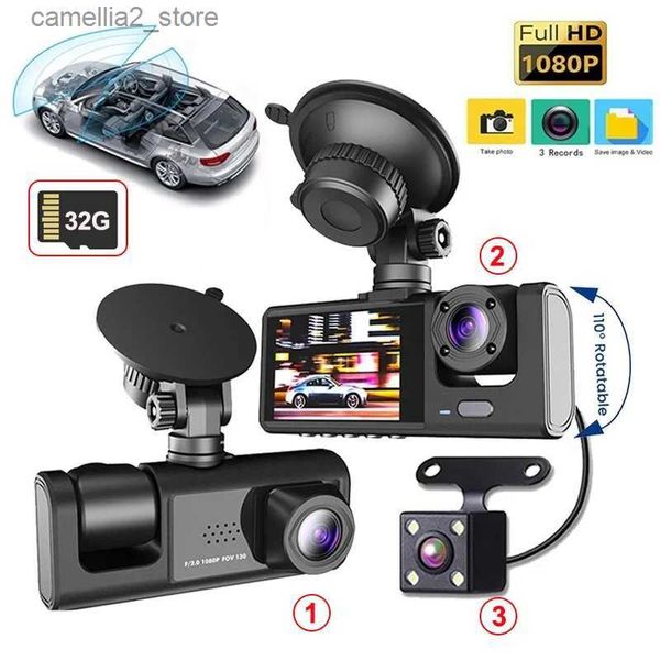 Araba DVRS 3 Kanallı Araba DVR HD 1080p Dash Cam Araba 2 inç ekran Dashcam Kara Kutu Sürücü Video Kaydedici Araba DVR Arka Görünüm Kamerası Q231115