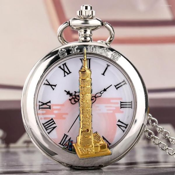 Taschenuhren Top Luxus Gold Taipei 101 Gebäude transparent römische Ziffern Zifferblatt Quarz Silber Uhr charmante Halskette Souvenir Geschenke