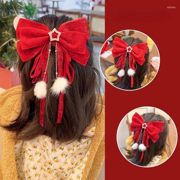 Accessori per capelli Fiocchi di velluto rosso Nastri Scrunchies per le donne Ragazze Cravatte lunghe elastiche Copricapi Strumenti per lo styling per bambini femminili 2024 anni