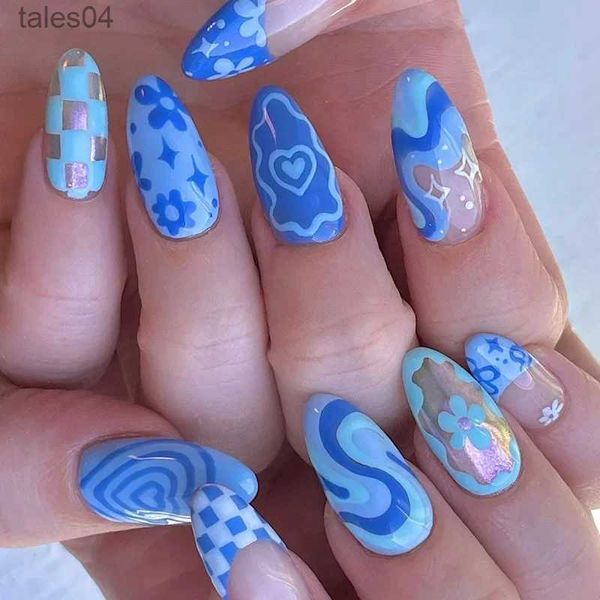 Unhas Postiças 24 Pcs Flor Azul Unhas Falsas Amêndoa Coração Bonito com Design Francês Unhas Falsas Destacáveis Imprensa Artificial em Unhas Dicas Arte YQ231115