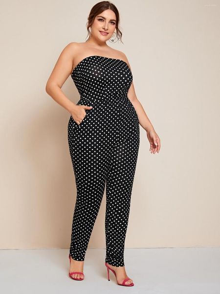 Hosen Plus Size Elegante Mode Frühling Herbst Dot Printed Strapless Tube Jumpsuits Frauen Pocket Sides Large 5XL 6XL