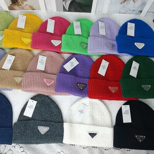 2023 novos gorros designer inverno beanie homens e mulheres moda triângulo letras luxo malha chapéus queda de lã boné geométrico unissex quente crânio chapéu cabeça protetora